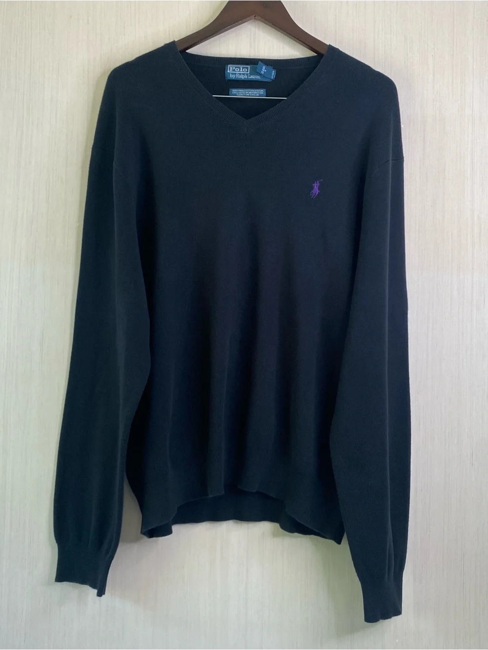 Polo by Ralph Lauren Men's Black V-Neck 100% Pima Cotton Sweater Purple Pony XXL